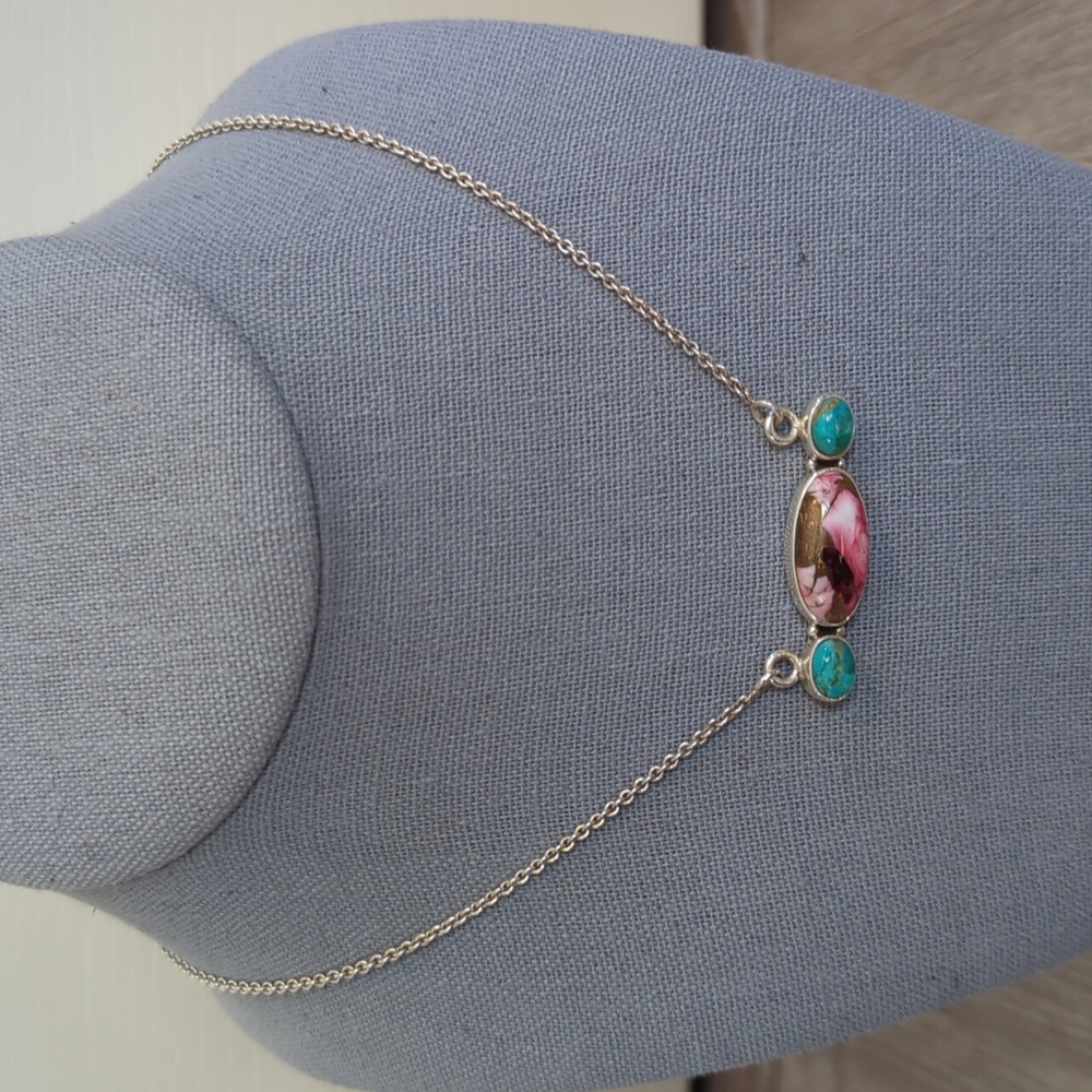 Southwest Red Dahlia Mohave Turquoise Sterling Silver Bar Necklace - Picture 2 of 9